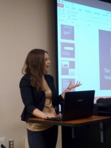 Marlana Eck (Lehigh Valley Vanguard) delivering her paper "The Neoliberal University: #realacademicbios as Genre"