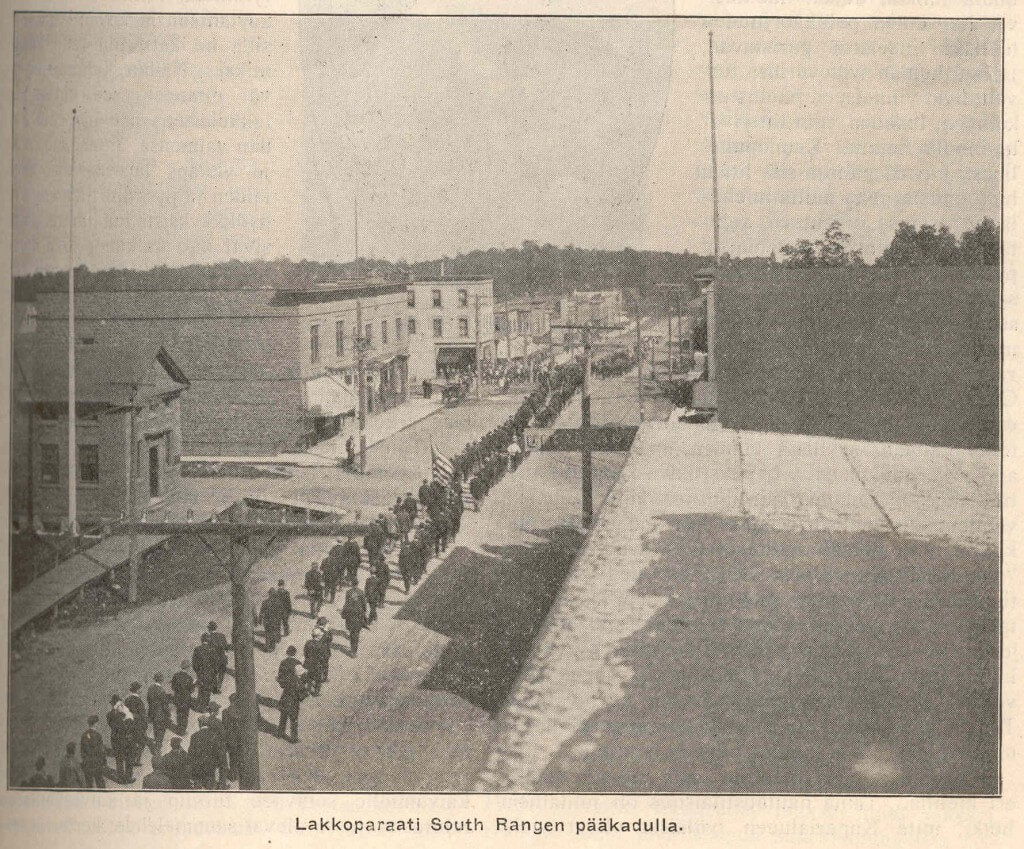 Strike parade through South Range in 1913. Published in Työmiehen Joulu 1913.