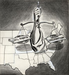 In 1968, Martin Luther King, Jr. traveled to Memphis, Tennessee to support the city’s (overwhelmingly black) sanitation workers in their efforts to win union recognition, along with better pay and working conditions.  While assisting this campaign, he was assassinated on April 4, 1968.  This 1968 political cartoon illustrates the connection between labor rights and civil rights in the Memphis sanitation workers’ strike. 
