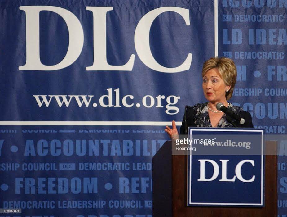 Hillary Clinton speaking at the Democratic Leadership Council, formed to counter New Left influence in the Democratic Party.