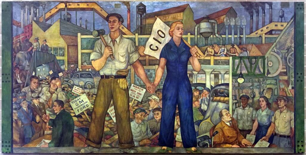 A view of the Walter Speck mural, “Untitled.” The mural, painted in 1937 for UAW Local 174, depicts scenes from the union’s history. Credit: The Walter P. Reuther Library