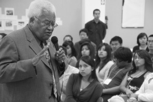 Reverend James Lawson speaks to student interns with co-writer, Kent Wong, in April, 2015.