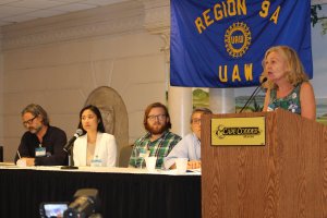 UAW Region 9A Leadership Conference in Hyannis, MA, August 28-September 1, 2016, Discussion Panel on Organizing: pictured from right: Georgette Fleischer, Barnard Contingent Faculty-UAW Local 2110; Ted Feng, UAW Region 9A Assistant Director; Jack Nicoludis, Harvard Graduate Students Union-UAW; Brenda Choy, NYU Tandon School-ACT UAW Local 7902; Todd Rouhe, BCF-UAW Local 2110—photo credit, Karen Greenberg